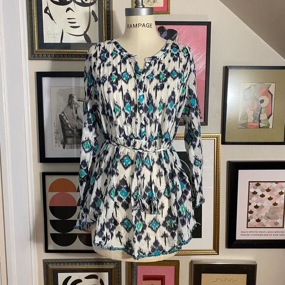 Calypso St Barth Women’s Size Large Fit Flare Blouse White Turquoise Tie Waist - Picture 2 of 8